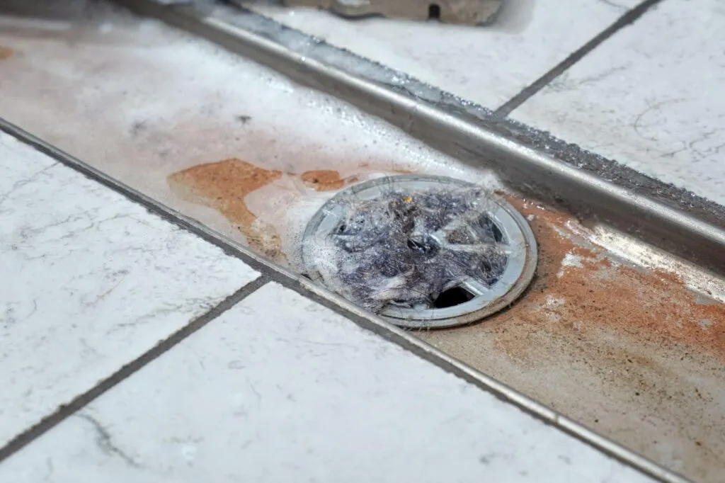 A dirty bathroom drain and grimy floor, showing poor sanitation