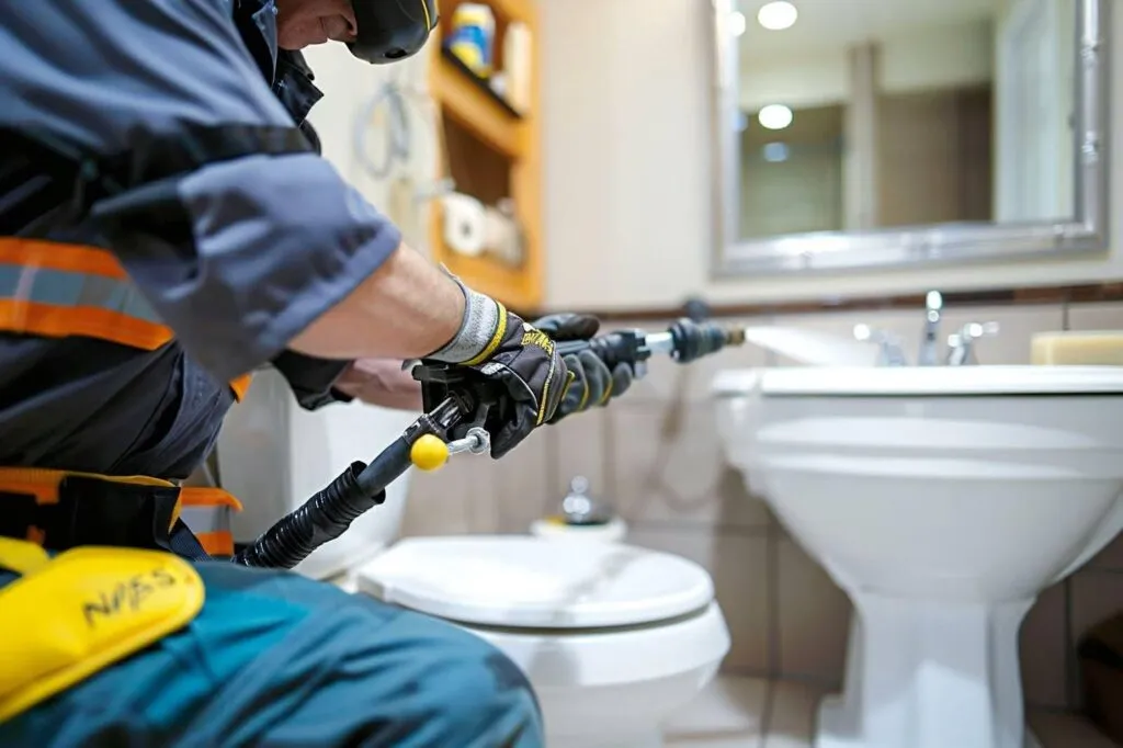 A man in a safety suit diligently cleans a toilet, ensuring hygiene and safety in the restroom environment