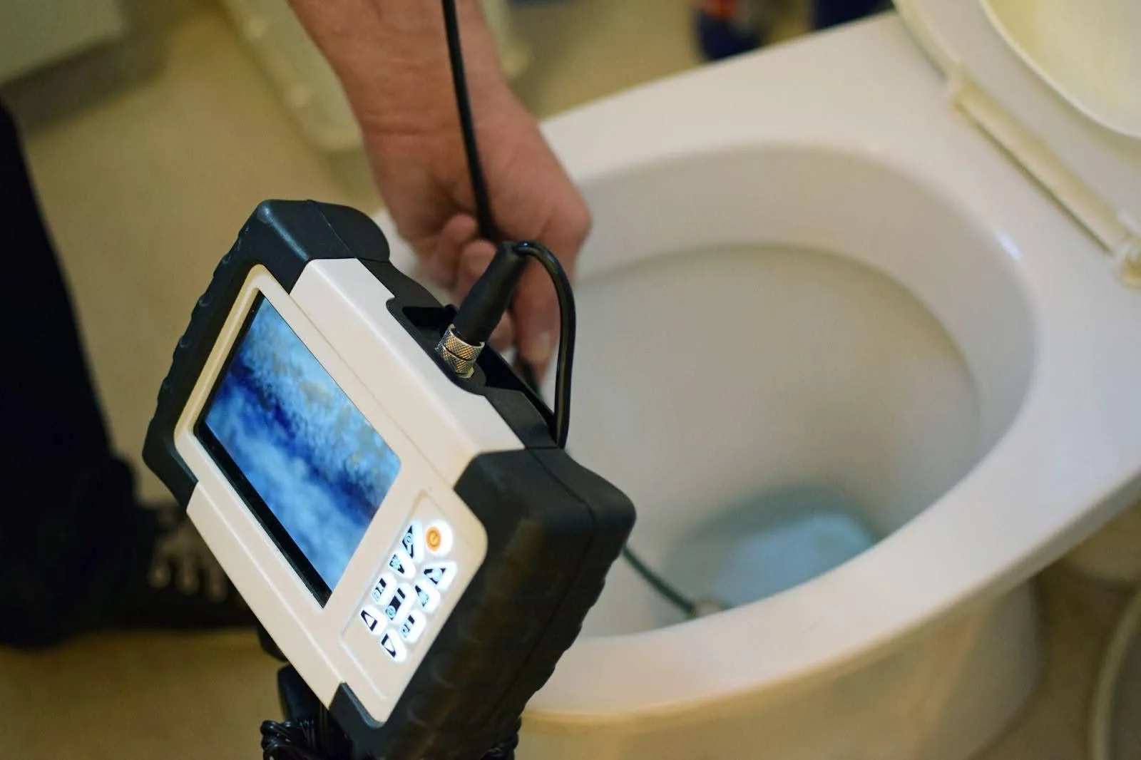 A person inspecting a toilet with a device for plumbing maintenance