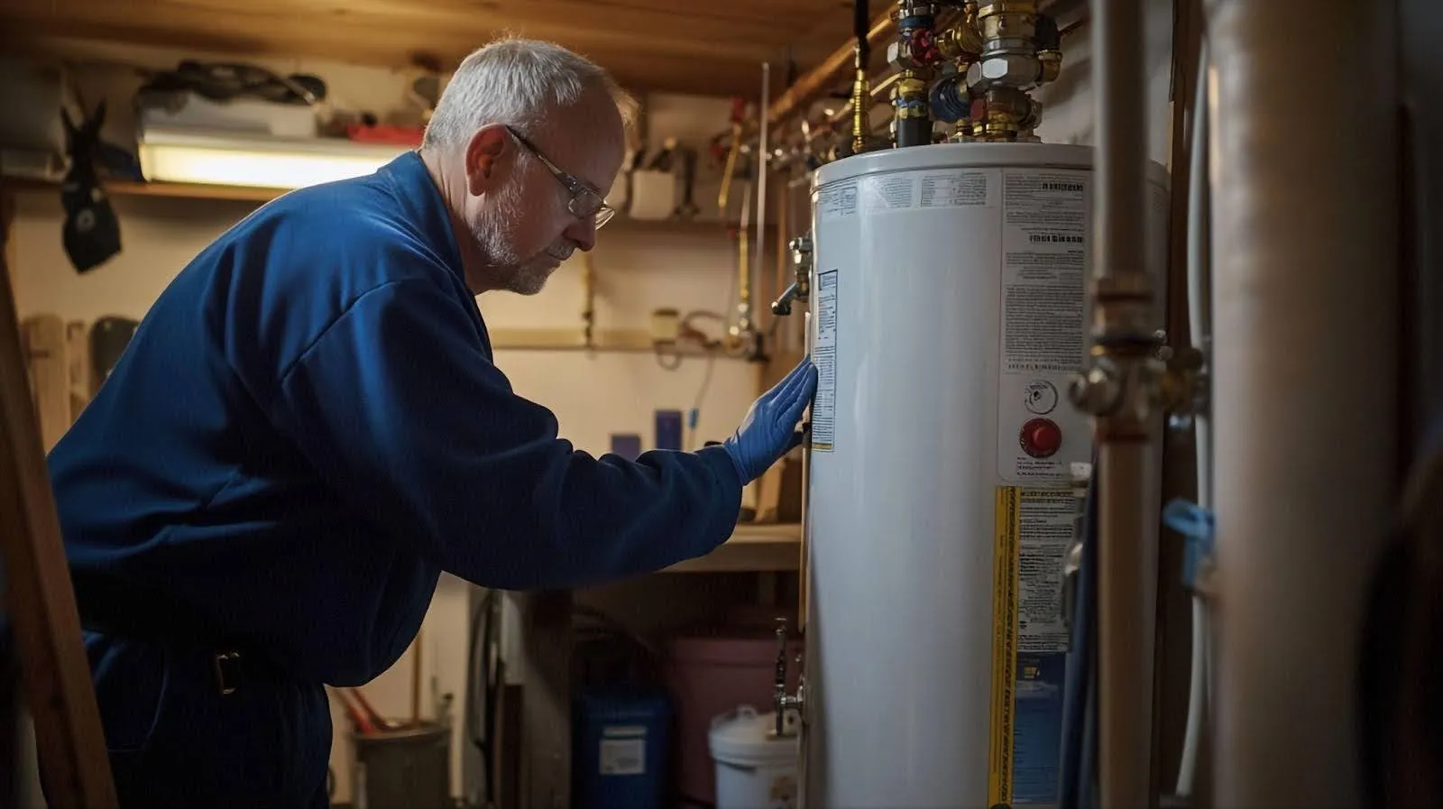 A man in a blue shirt and gloves examines a water heater, ensuring it functions properly