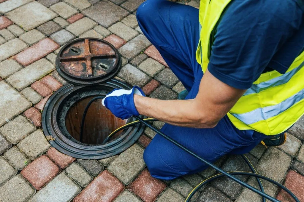 A man in a yellow vest and blue gloves is repairing a drain, showcasing his skills