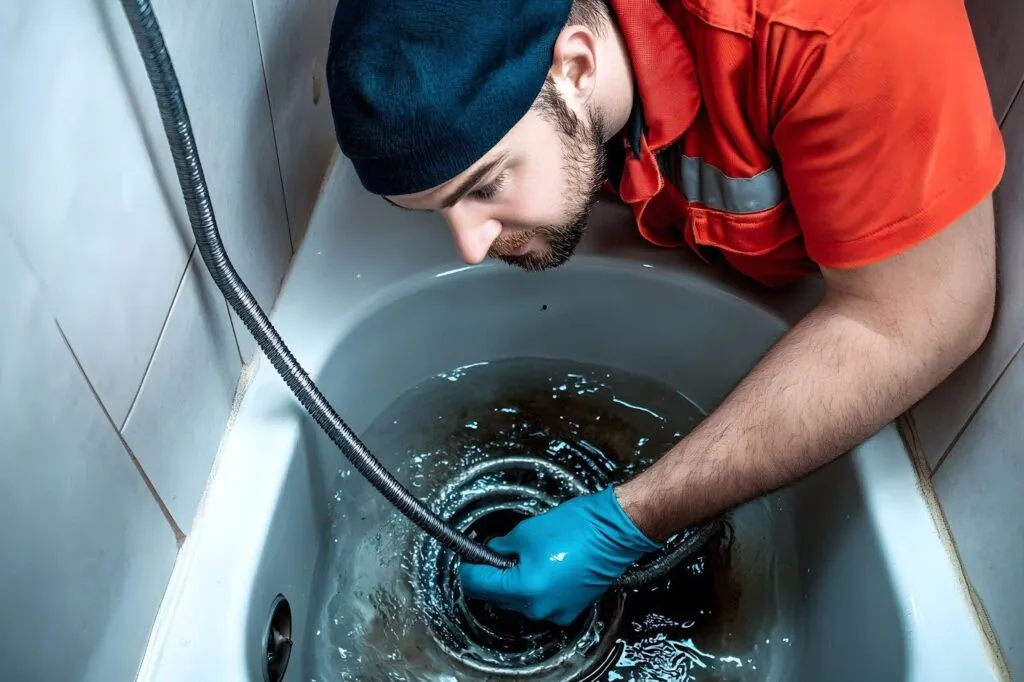 A man in an orange shirt skillfully fixes a drain