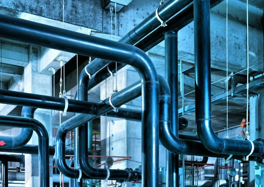 A network of pipes in a large industrial facility showcasing its complex infrastructure