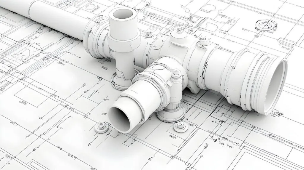 A pipe and wrench on a blueprint, showing plumbing design