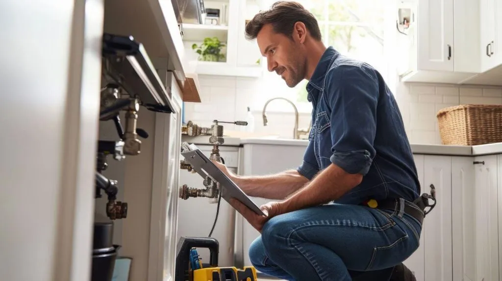 A man in a blue shirt kneels on the floor engaged in a task with a tool in hand