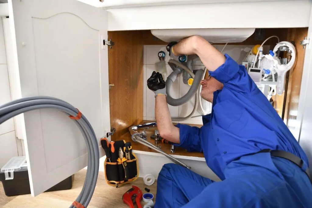 A man in blue overalls repairs a sink using tools to fix plumbing issues in a home setting