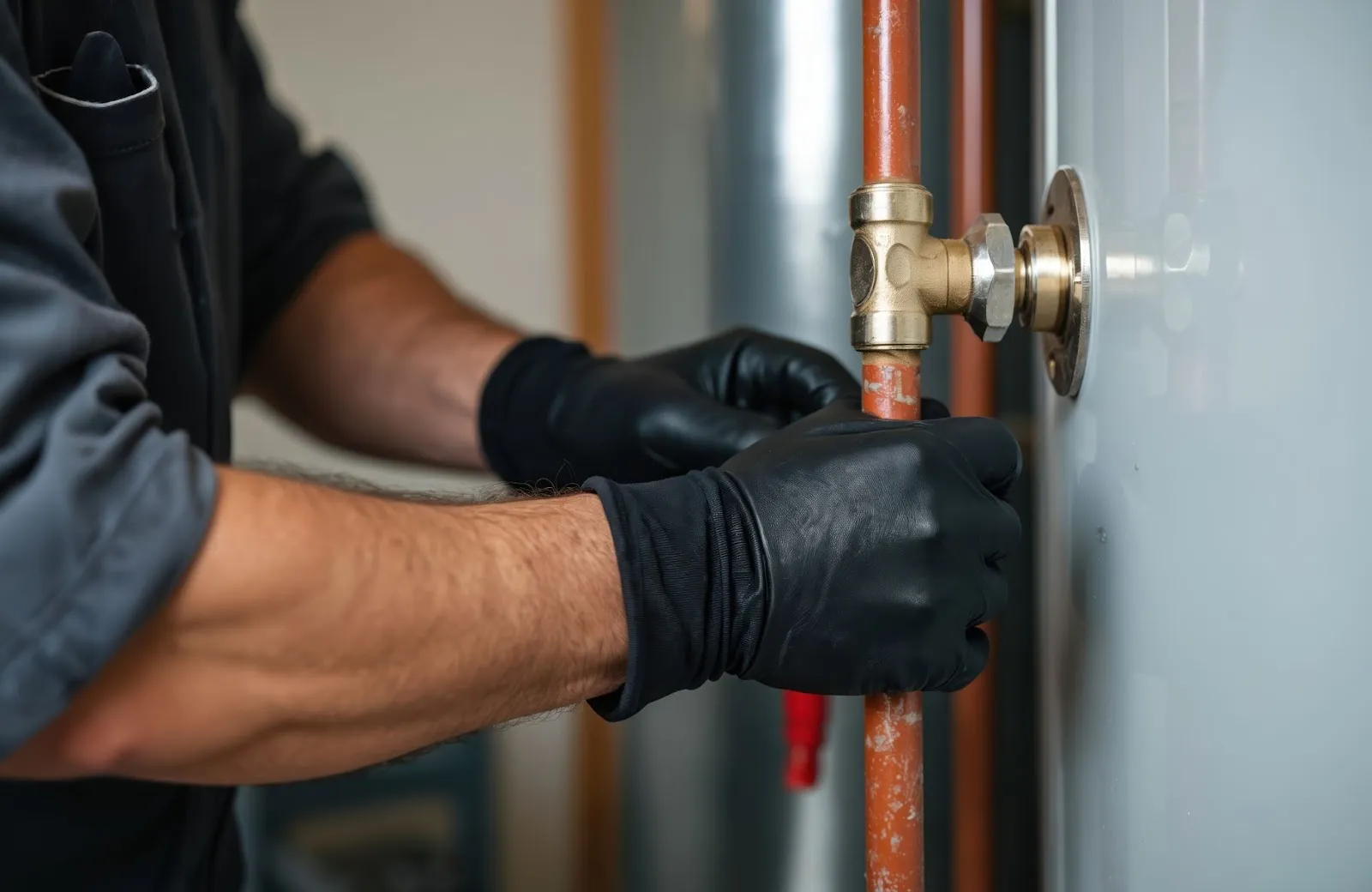 A person in gloves adjusting a valve on a water heater pipe.