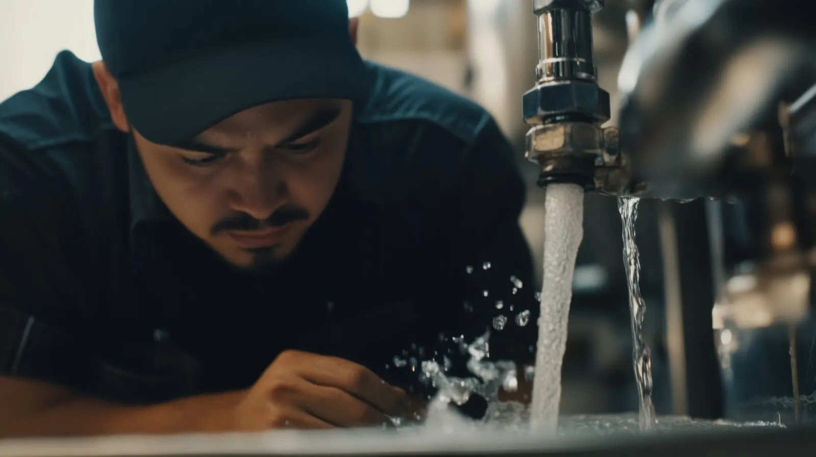 A person repairing a leaking faucet with water splashing.