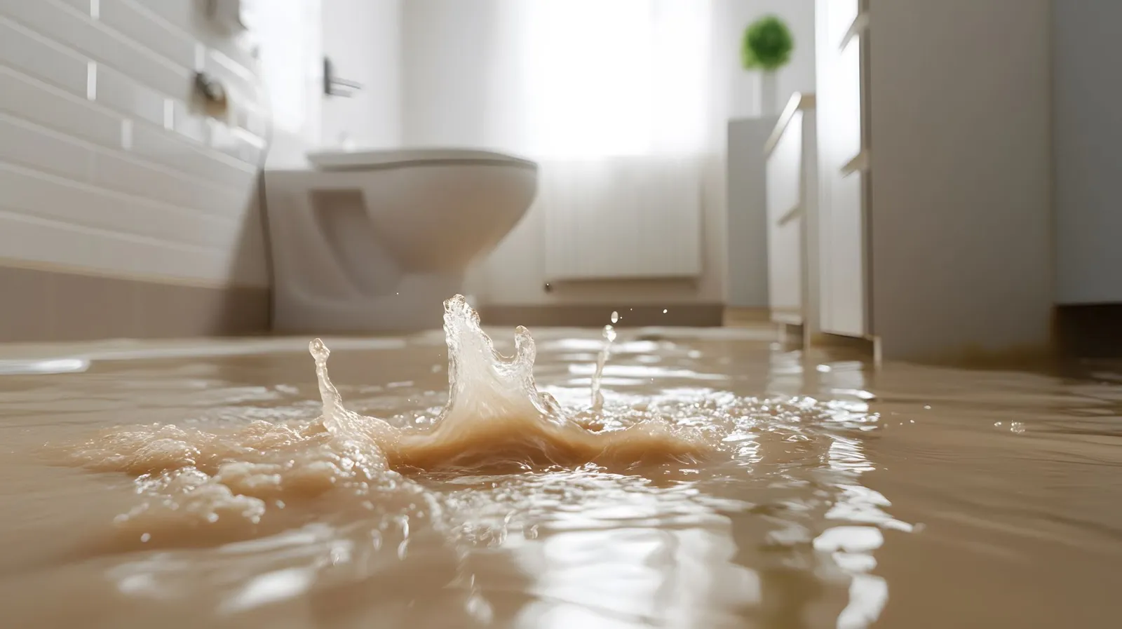 Flooded bathroom floor with water splashing near a toilet.