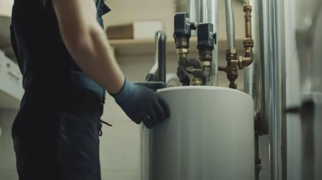 A man in a black shirt and gloves repairs a water heater focused on his task in a home setting