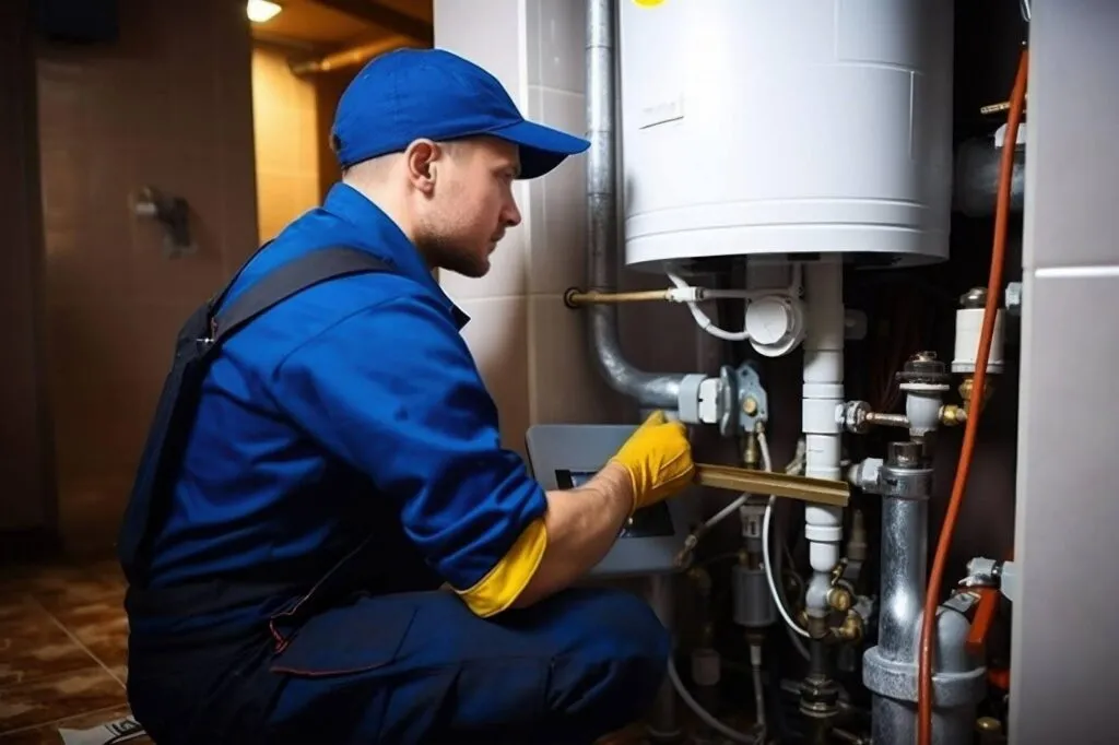 A man in blue overalls repairs a water heater focused on his task in a home setting