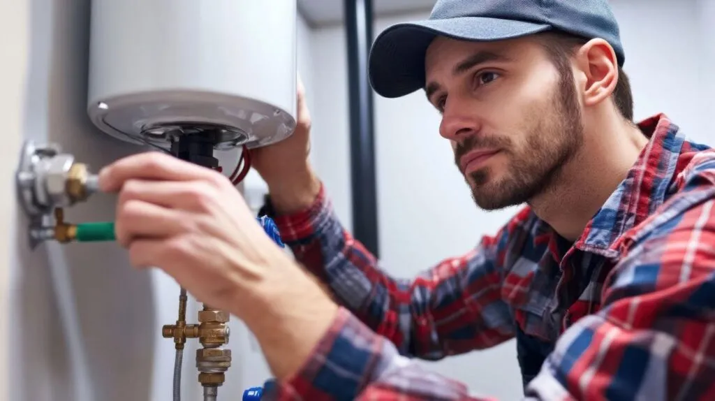 A man is engaged in repairing a water heater surrounded by tools and parts necessary for the job