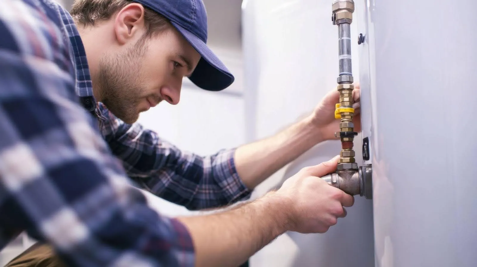 A man works on a water heater adjusting pipes and tools for maintenance
