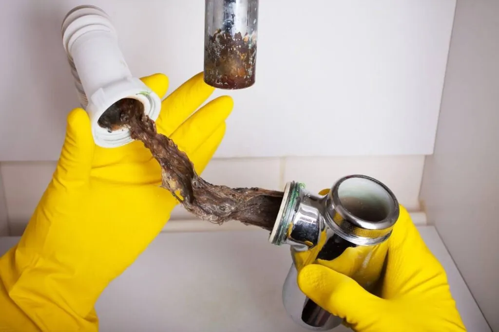 A person in yellow gloves repairs a pipe surrounded by splashes of dirty water
