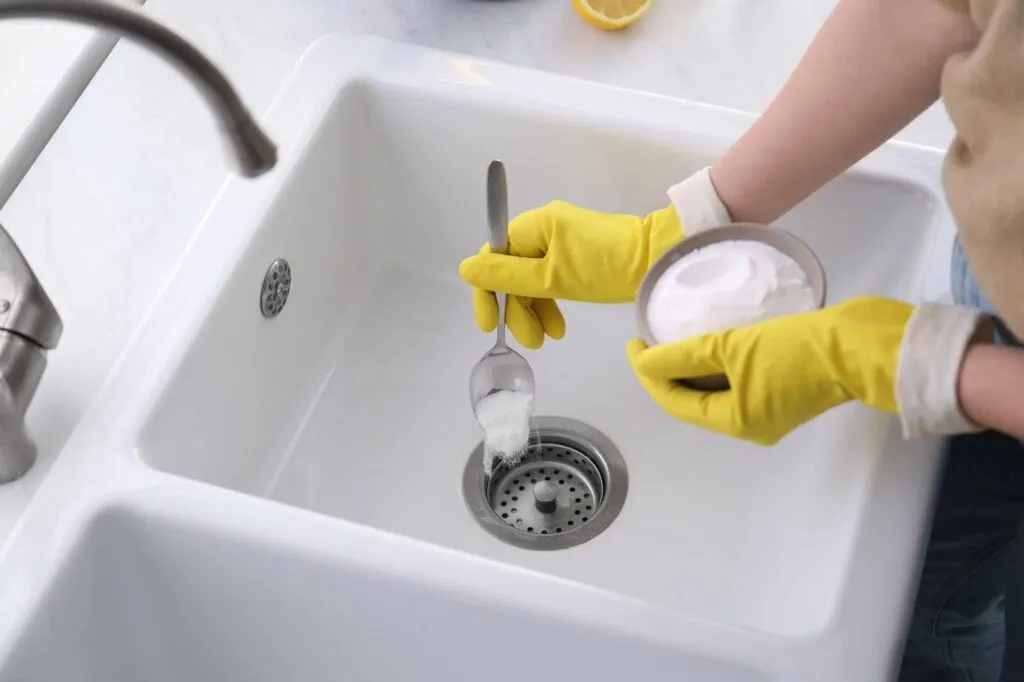 A person wearing yellow gloves is scrubbing a sink focusing on cleaning the surface thoroughly