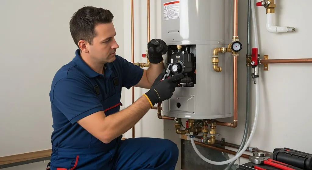 A man in a blue shirt repairs a water heater focusing on the unit with tools in hand