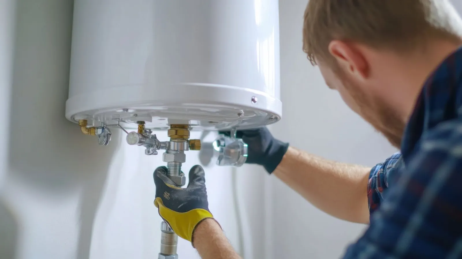 A man is repairing a water heater, focused on the task with tools in hand and parts nearby.
