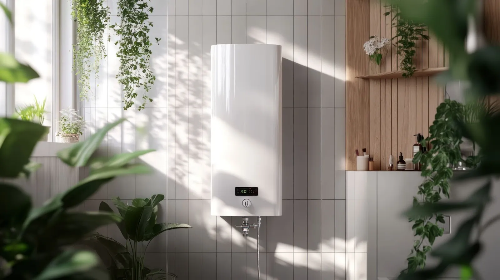A white water heater positioned in a bathroom, complemented by various indoor plants for a natural touch.
