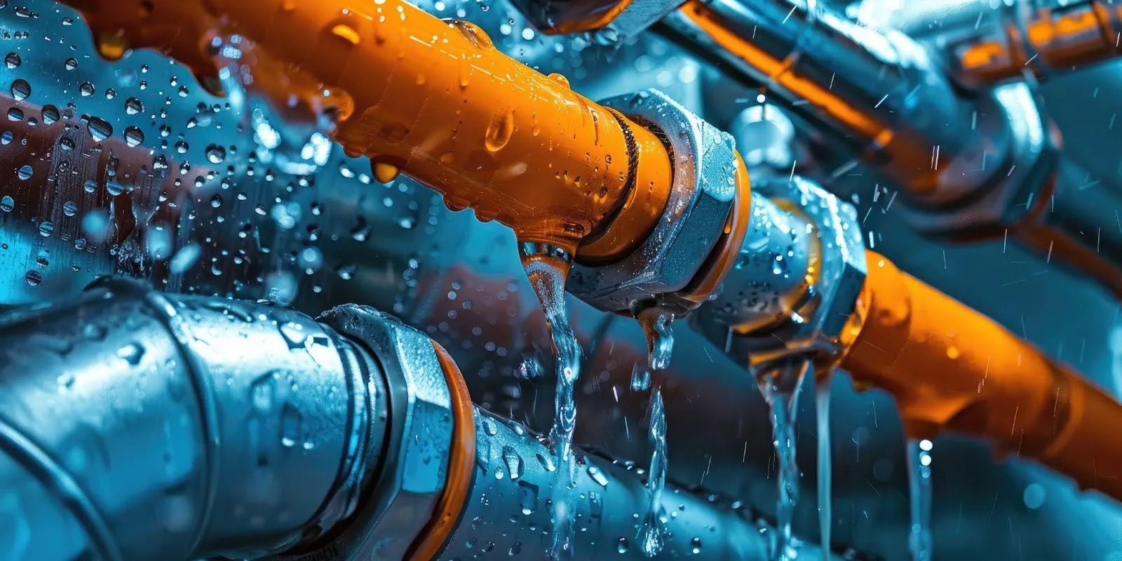 Pipes with water flowing through a room showcasing plumbing infrastructure and water movement