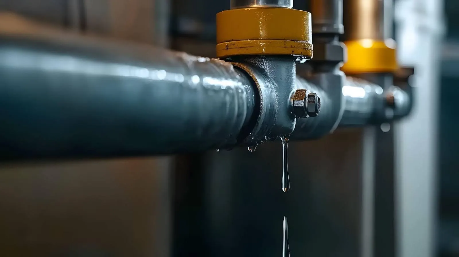Water drips from a rusty pipe in a dimly lit room creating small puddles on the floor