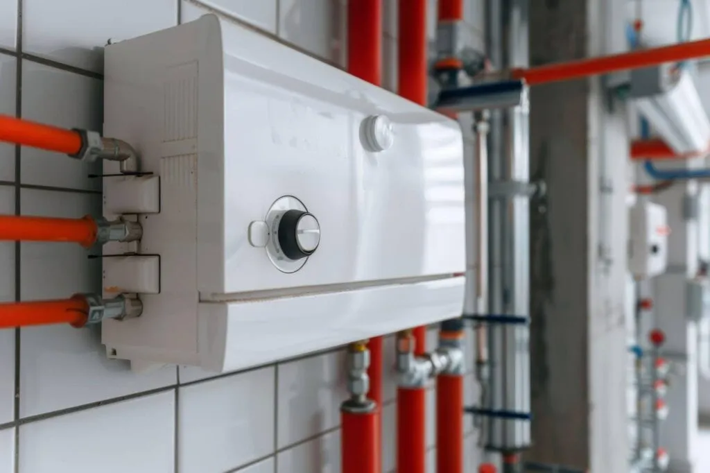 A white water heater with connected pipes showcasing its installation in a utility space