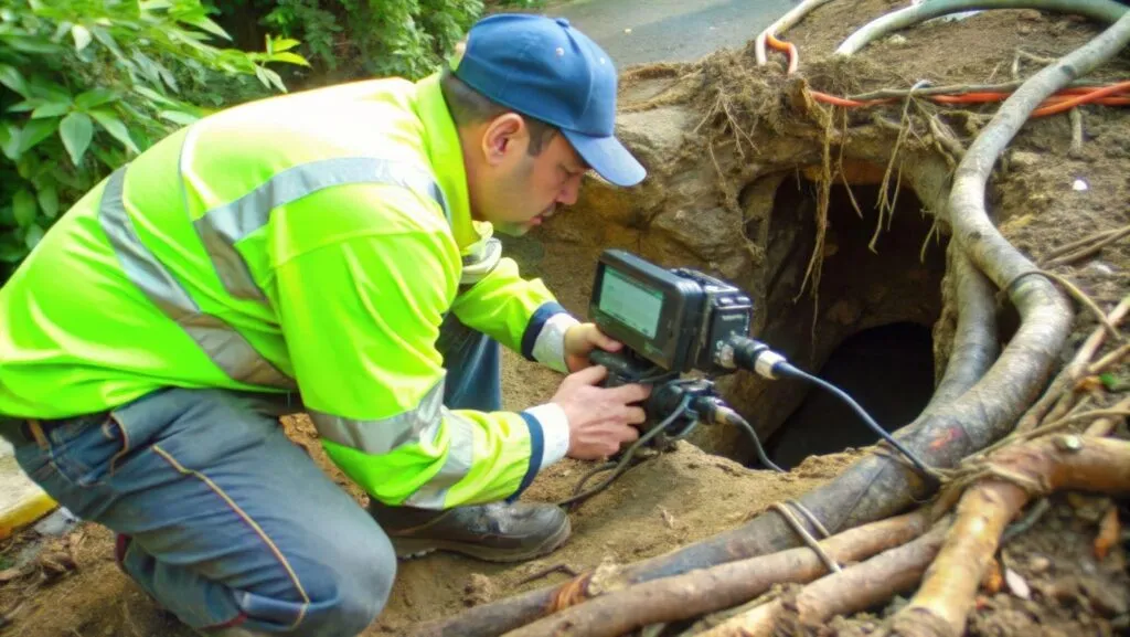 A man in a yellow vest photographs a sewer with a camera focusing intently on the underground structure