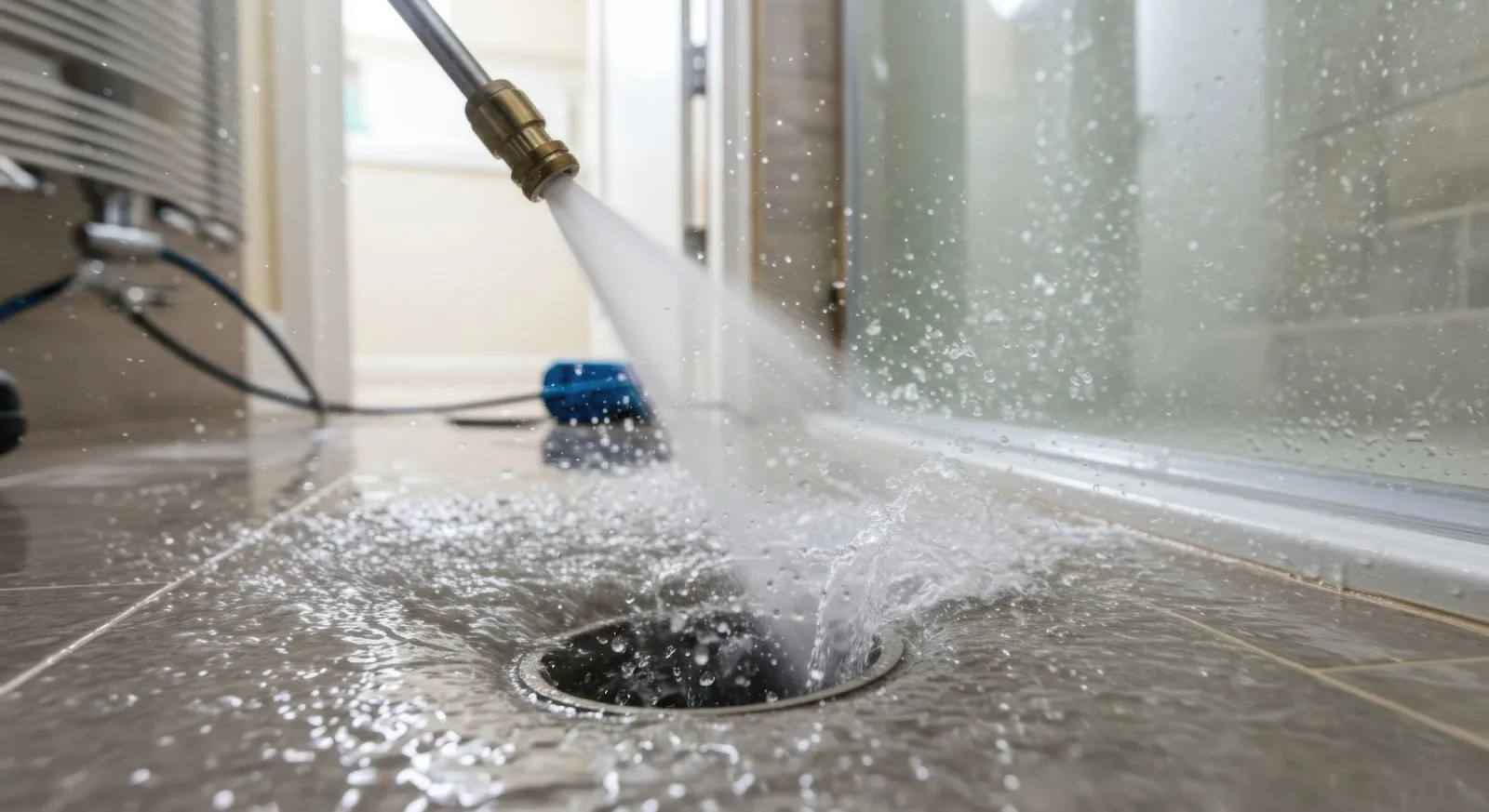 Pressure washer blasting water into a bathroom floor drain to clear blockage. Wet tiles and glass shower door in background.