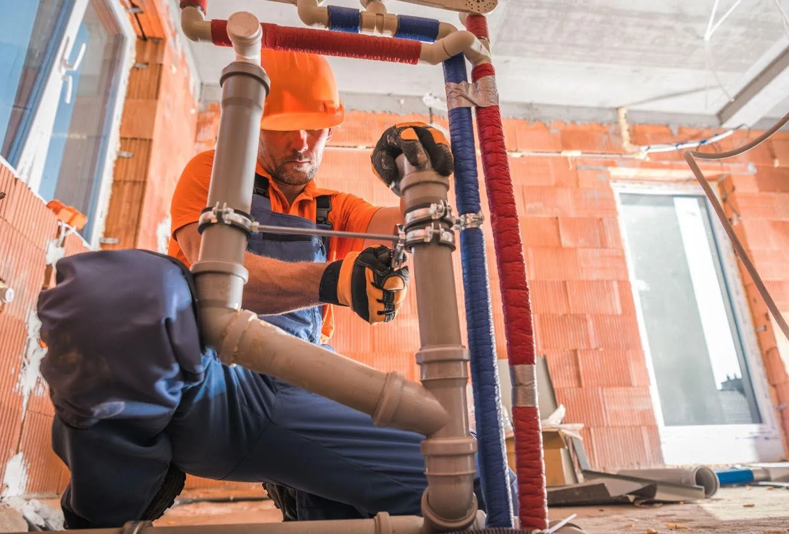 A man in an orange shirt and blue hat is repairing a pipe with tools in a work environment