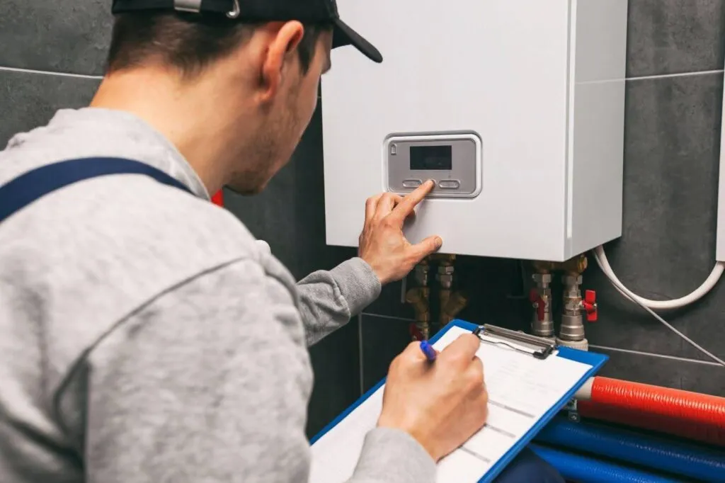 A man inspects a water heater while holding a clipboard taking notes on its condition and performance